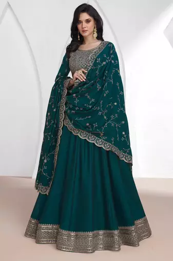 Teal blue embroidery & sequins silk dupatta gown- full stitched free size
