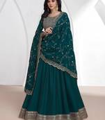 Teal blue embroidery & sequins silk dupatta gown- full stitched free size