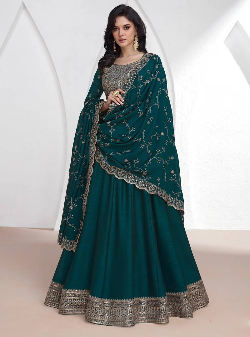 Teal blue embroidery & sequins silk dupatta gown- full stitched free size