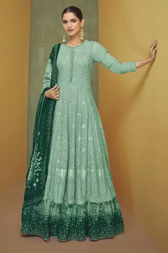 Teal green embroidered sequins &  digital print  georgette lehenga anarkali suit- full stitched free size