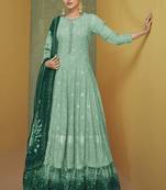 Teal green embroidered sequins &  digital print  georgette lehenga anarkali suit- full stitched free size