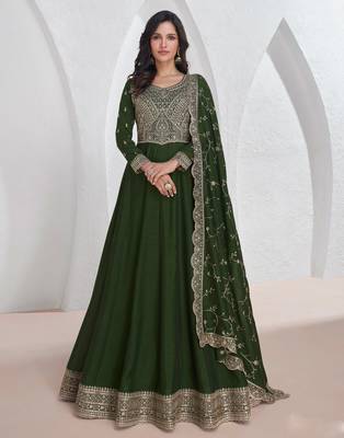 Green embroidery & sequins silk dupatta gown- full stitched free size 2