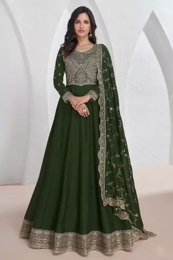 Green embroidery & sequins silk dupatta gown- full stitched free size