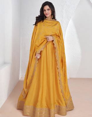 Mustard embroidery & sequins silk dupatta gown- full stitched free size 2