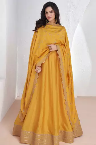 Mustard embroidery & sequins silk dupatta gown- full stitched free size
