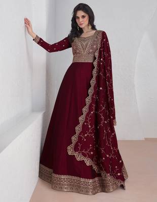 Wine embroidery & sequins silk dupatta gown- full stitched free size 2