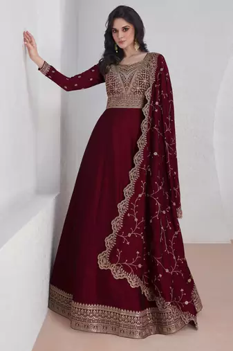 Wine embroidery & sequins silk dupatta gown- full stitched free size