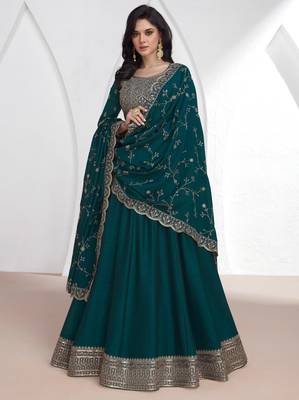 Teal blue embroidery & sequins silk dupatta gown- full stitched free size 2