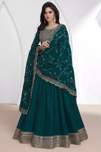 Teal blue embroidery & sequins silk dupatta gown- full stitched free size