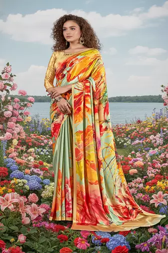 multicolor premium printed saree with blouse