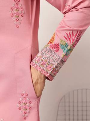 pink viscose silk floral embroidered kurta pajama set for men 7