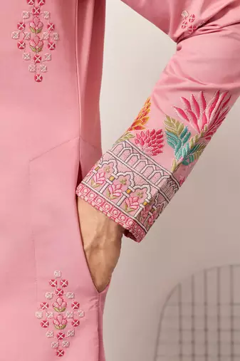 pink viscose silk floral embroidered kurta pajama set for men