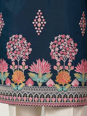 teal blue viscose silk floral embroidered kurta pajama set for men 7