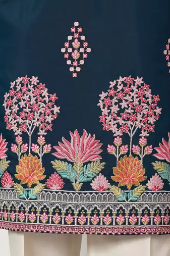 teal blue viscose silk floral embroidered kurta pajama set for men