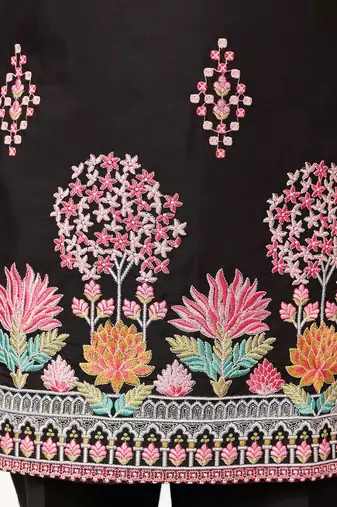 black viscose silk floral embroidered kurta pajama set for men