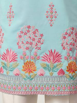 sky blue viscose silk floral embroidered kurta pajama set for men 7