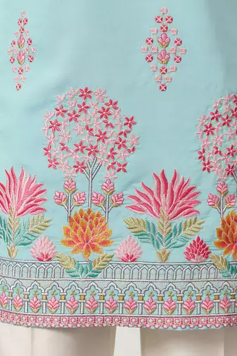 sky blue viscose silk floral embroidered kurta pajama set for men