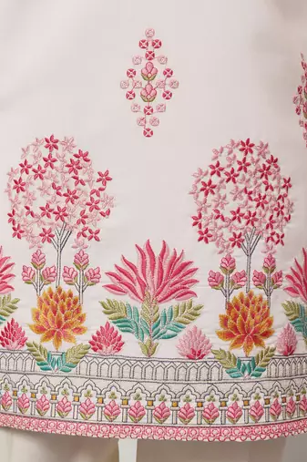 white viscose silk floral embroidered kurta pajama set for men