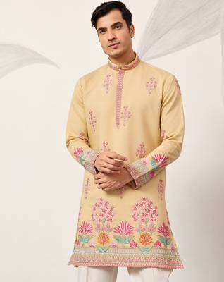 yellow viscose silk floral embroidered kurta pajama set for men 7