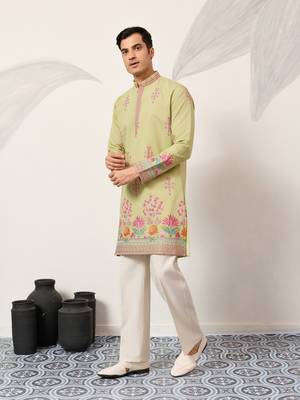 pista green viscose silk floral embroidered kurta pajama set for men 8