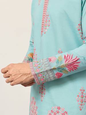 sky blue viscose silk floral embroidered kurta pajama set for men 8