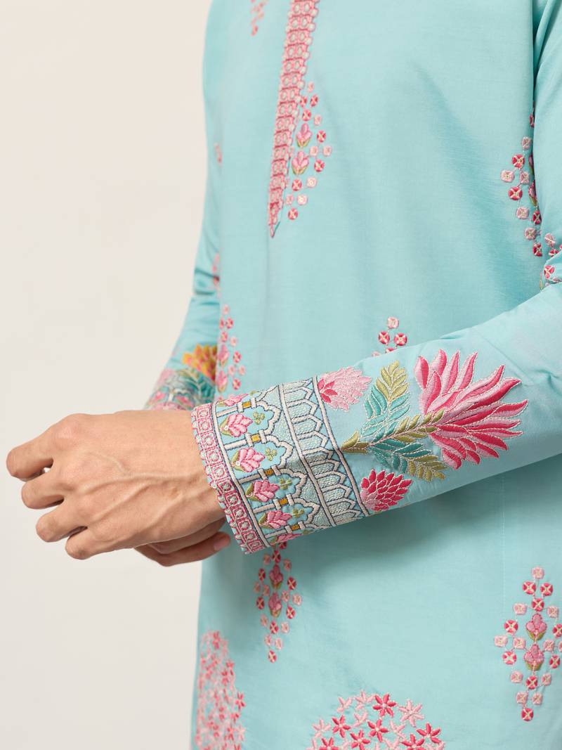 sky blue viscose silk floral embroidered kurta pajama set for men