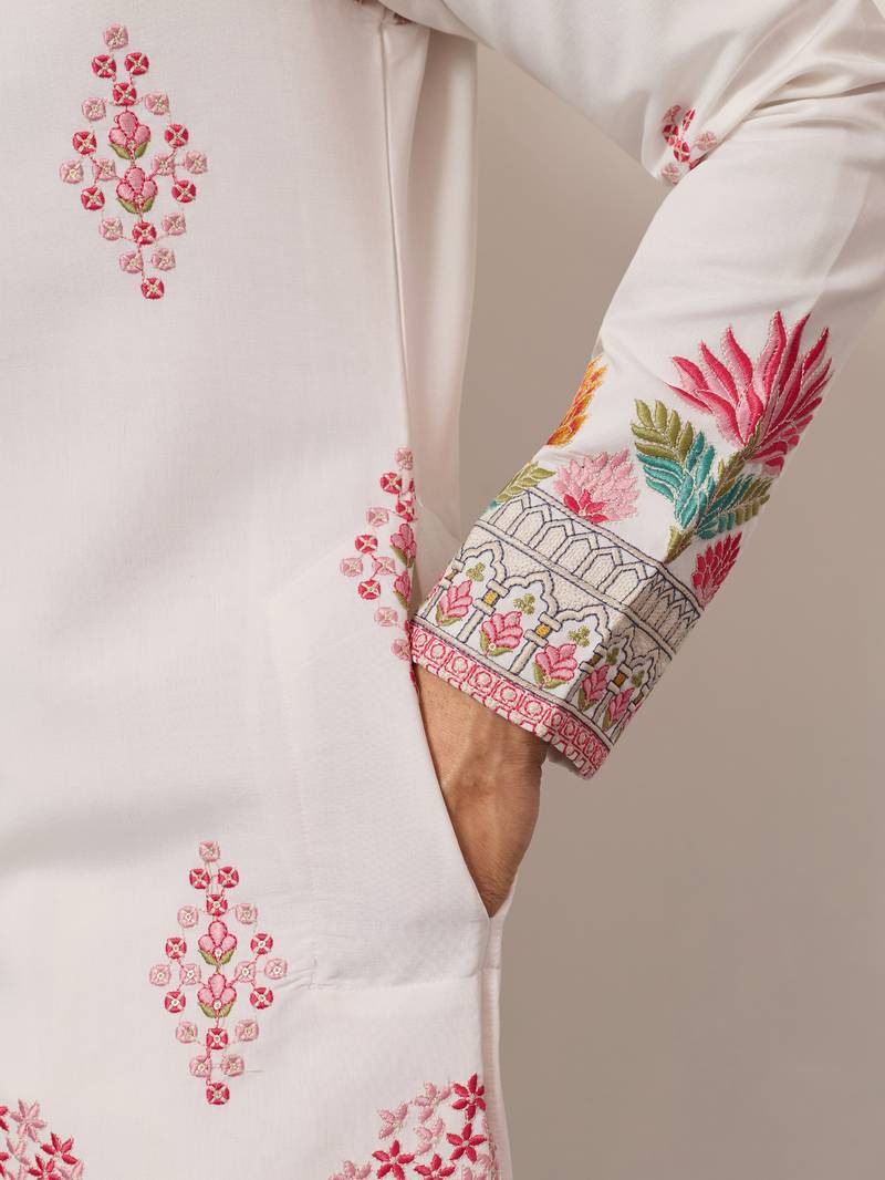 white viscose silk floral embroidered kurta pajama set for men