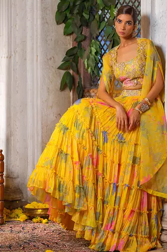Yellow Printed Crepe Lehenga Set