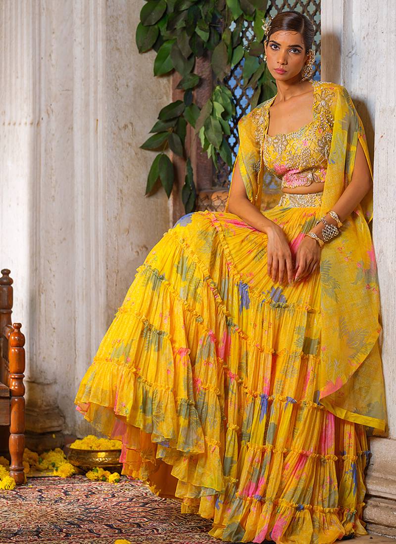 Yellow Printed Crepe Lehenga Set