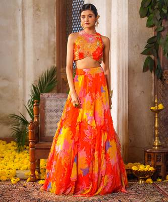 Multicolor Printed Chiffon Lehenga With Blouse 1