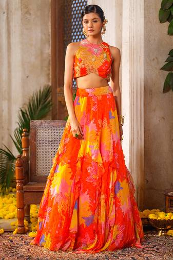 Multicolor Printed Chiffon Lehenga With Blouse