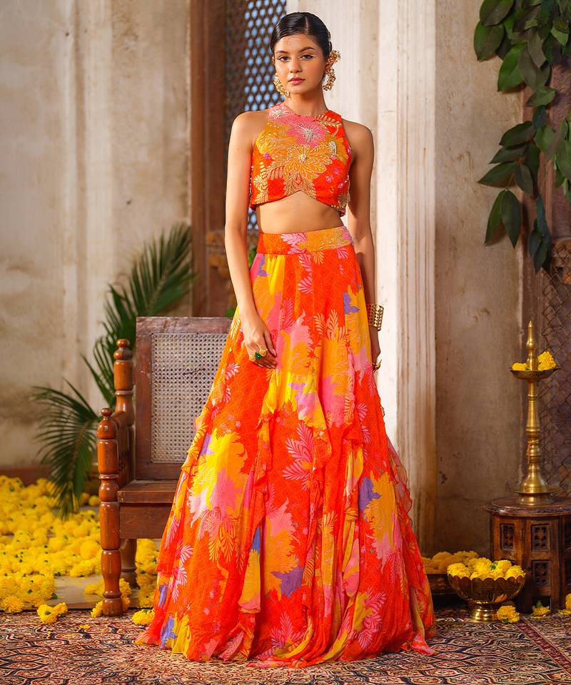 Multicolor Printed Chiffon Lehenga With Blouse
