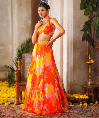 Multicolor Printed Chiffon Lehenga With Blouse 2
