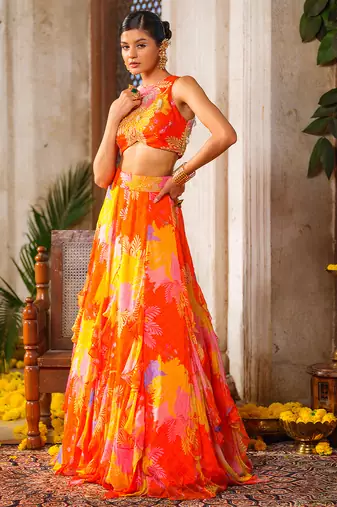 Multicolor Printed Chiffon Lehenga With Blouse