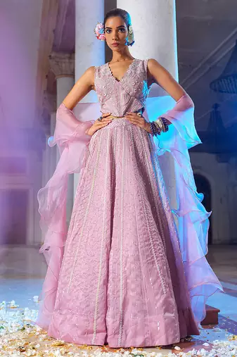 Mauve Embroidered Organza Lehenga Set