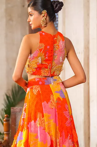 Multicolor Printed Chiffon Lehenga With Blouse