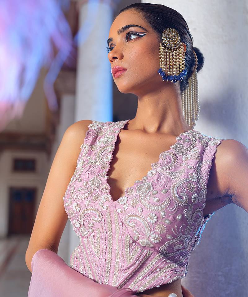 Mauve Embroidered Organza Lehenga Set