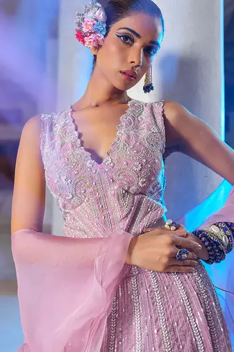 Mauve Embroidered Organza Lehenga Set