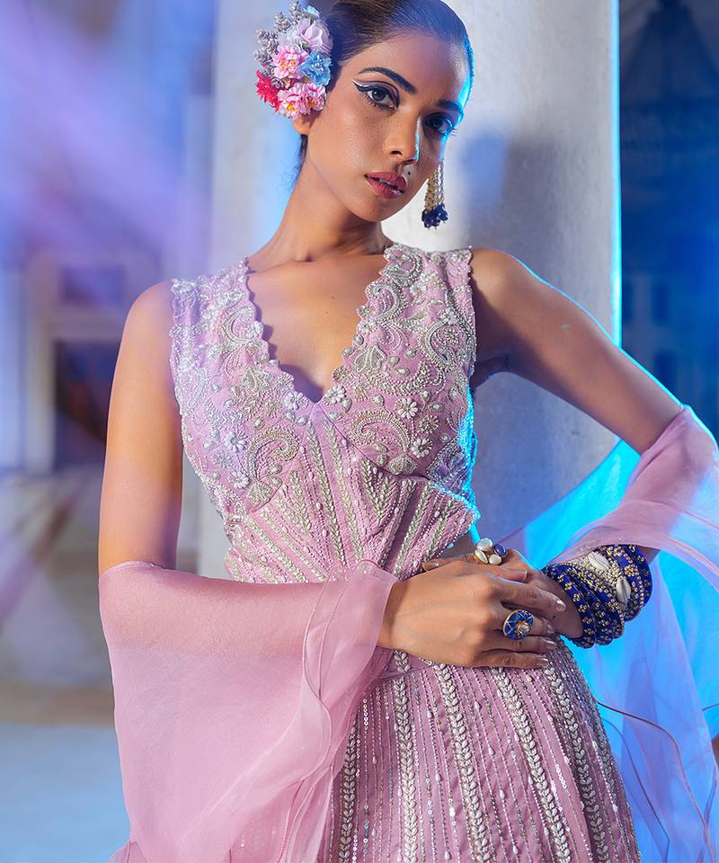 Mauve Embroidered Organza Lehenga Set