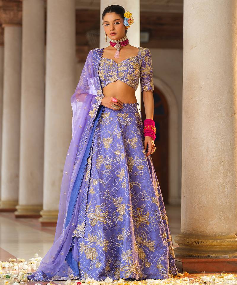 Lavender Embroidered Silk Lehenga Set