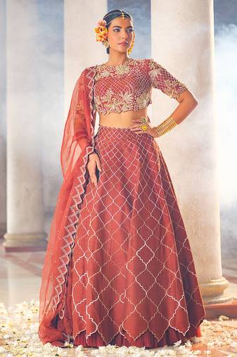 Copper Embroidered Silk Lehenga Set