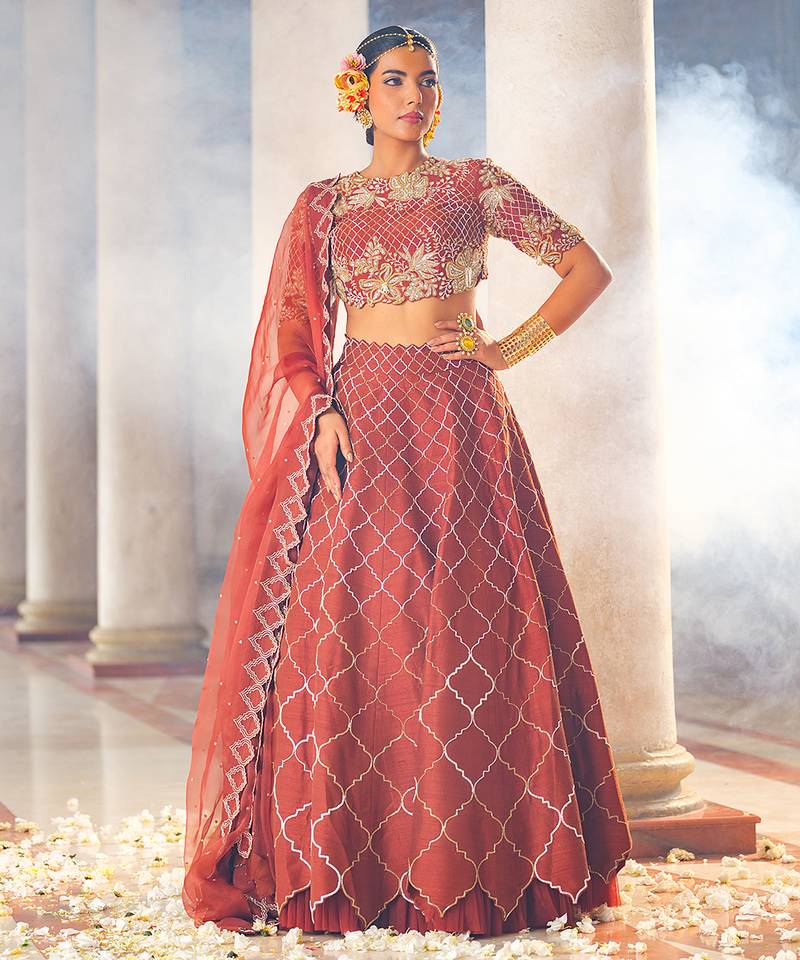 Copper Embroidered Silk Lehenga Set