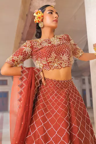 Copper Embroidered Silk Lehenga Set
