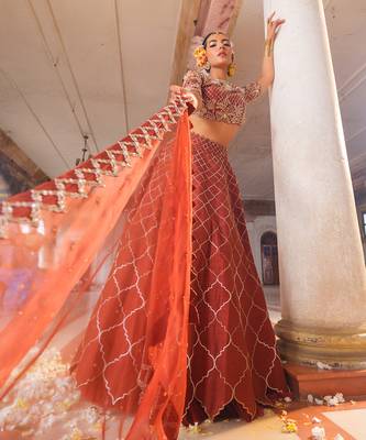 Copper Embroidered Silk Lehenga Set 3