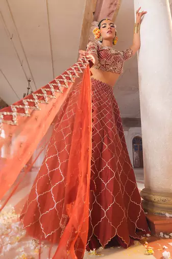 Copper Embroidered Silk Lehenga Set