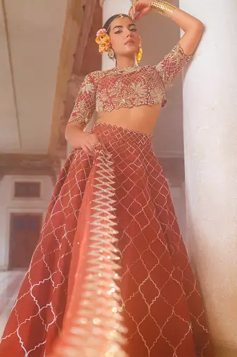 Copper Embroidered Silk Lehenga Set