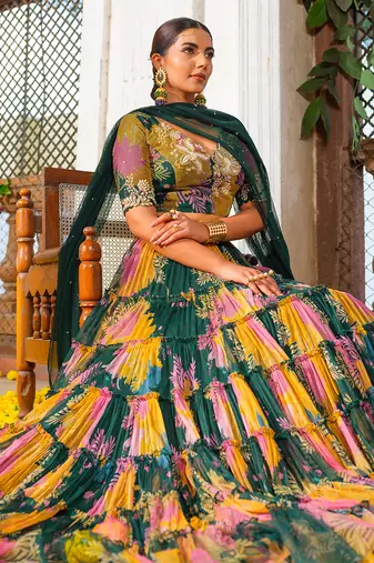 Multicolor Printed Net Lehenga Set