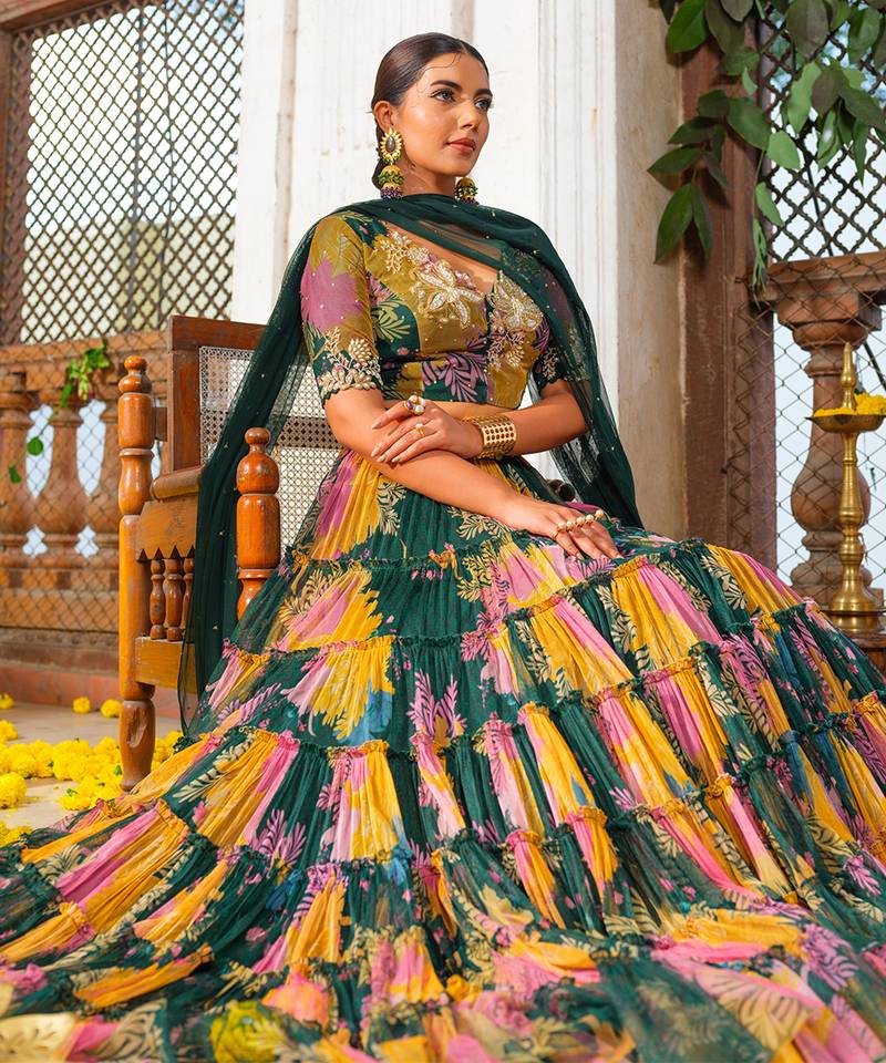 Multicolor Printed Net Lehenga Set
