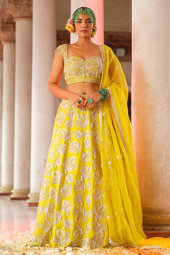 Yellow Embroidered Silk Lehenga Set