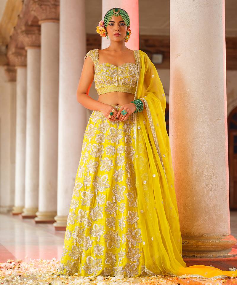 Yellow Embroidered Silk Lehenga Set